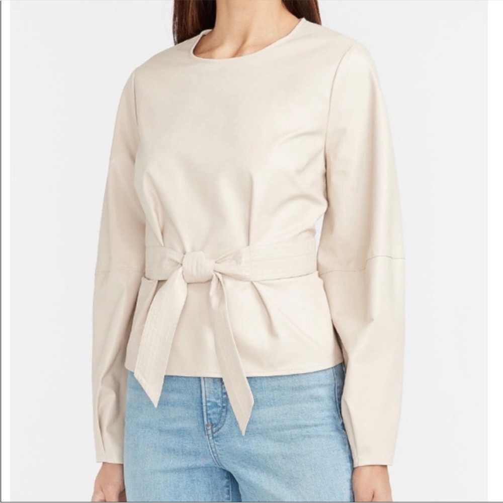 Express Belted Faux Leather Puff Sleeve Top